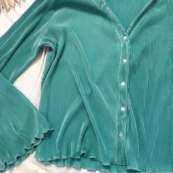 Anthropologie Dolan Lettuce Hem Teal Turquoise Button Front Pleated Shirt Top - Picture 7 of 9